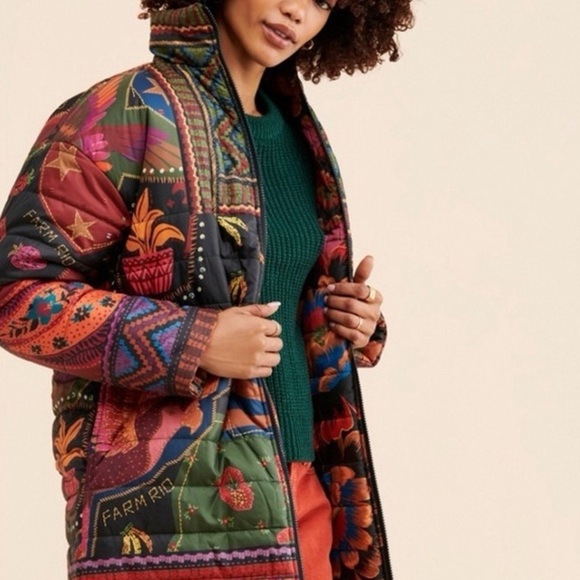 Farm Rio Printed Reversible Crazy Mix Puffer Jacket Fun Print Boho Hippie M SOLD - Picture 3 of 13